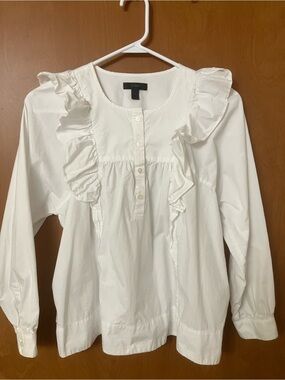 J Crew Women's White Ruffle Pullover Button Blouse Top Size 2